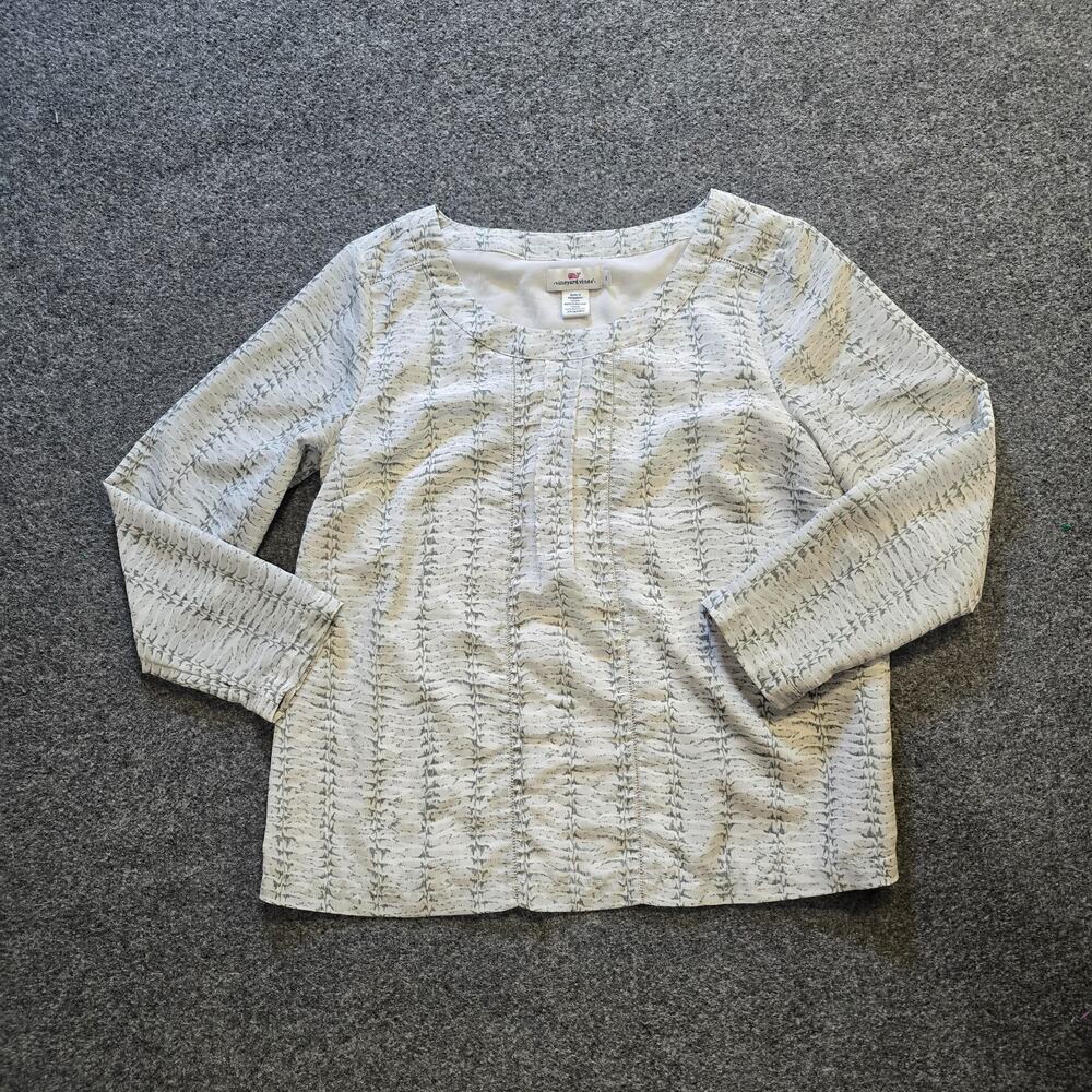 Vineyard Vines Top Women Size 8 Gray Fern Print Long Sleeve Preppy Casual Career